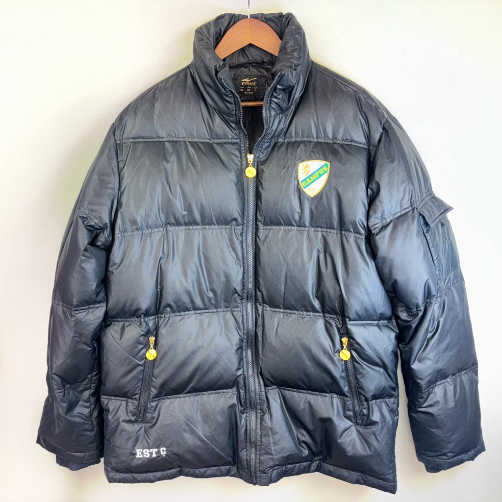 Erke Puffer Goose Down Coat Jacket Black Crest Y2k Men's Full Zip 90s Warm Xl